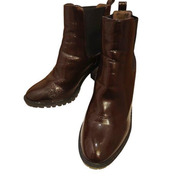 EUC FASHION NOVA Glossy Maroon Leather Lug Sole Platform Heeled Boots - Picture 4 of 16